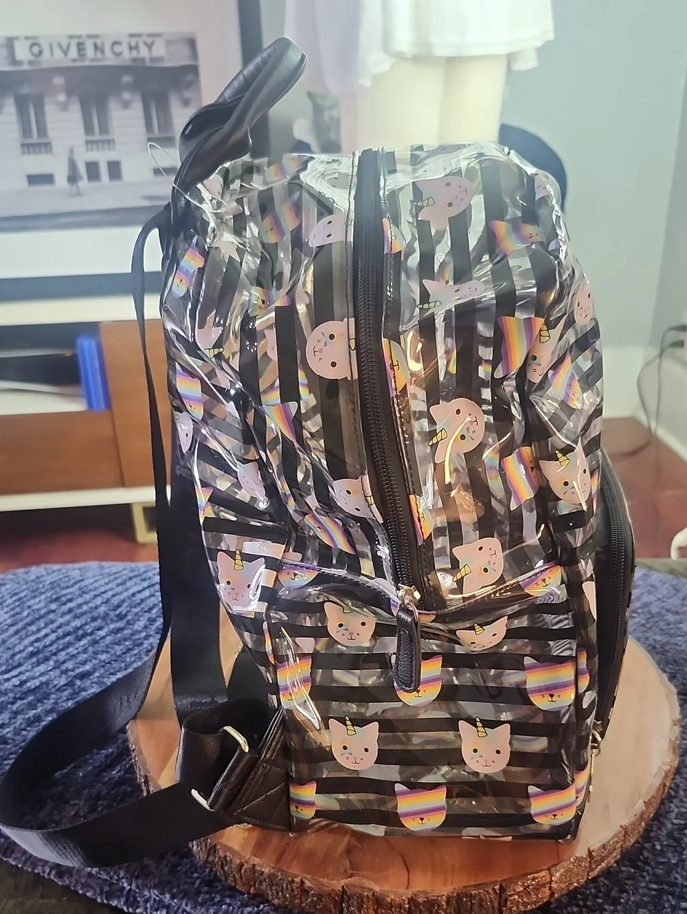 Betsey Johnson Rainbow Cat Unicorn Backpack - Pink & Black Transparent Stripes